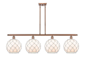 4-Light 48" Antique Copper Island Light - White Large Farmhouse Glass with White Rope Glass LED