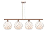 4-Light 48" Antique Copper Island Light - White Large Farmhouse Glass with White Rope Glass LED