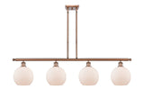 516-4I-AC-G121-8 4-Light 48" Antique Copper Island Light - Cased Matte White Athens Glass - LED Bulb - Dimmensions: 48 x 8 x 10<br>Minimum Height : 20.375<br>Maximum Height : 44.375 - Sloped Ceiling Compatible: Yes