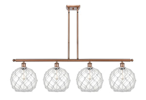 4-Light 48" Antique Copper Island Light - Clear Large Farmhouse Glass with White Rope Glass LED
