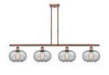 516-4I-AC-G247 4-Light 48" Antique Copper Island Light - Charcoal Gorham Glass - LED Bulb - Dimmensions: 48 x 9.5 x 10<br>Minimum Height : 20.375<br>Maximum Height : 44.375 - Sloped Ceiling Compatible: Yes