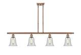 516-4I-AC-G2812 4-Light 48" Antique Copper Island Light - Fishnet Hanover Glass - LED Bulb - Dimmensions: 48 x 6.25 x 12<br>Minimum Height : 21.375<br>Maximum Height : 45.375 - Sloped Ceiling Compatible: Yes