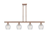 516-4I-AC-G462-6 4-Light 48" Antique Copper Island Light - Clear Norfolk Glass - LED Bulb - Dimmensions: 48 x 5.75 x 10<br>Minimum Height : 20.375<br>Maximum Height : 44.375 - Sloped Ceiling Compatible: Yes