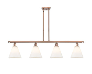516-4I-AC-GBC-81 4-Light 48" Antique Copper Island Light - Matte White Cased Ballston Cone Glass - LED Bulb - Dimmensions: 48 x 8 x 11.25<br>Minimum Height : 20.25<br>Maximum Height : 44.25 - Sloped Ceiling Compatible: Yes