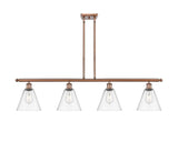 516-4I-AC-GBC-82 4-Light 48" Antique Copper Island Light - Clear Ballston Cone Glass - LED Bulb - Dimmensions: 48 x 8 x 11.25<br>Minimum Height : 20.25<br>Maximum Height : 44.25 - Sloped Ceiling Compatible: Yes