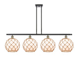 516-4I-BAB-G121-10RB 4-Light 48" Black Antique Brass Island Light - White Large Farmhouse Glass with Brown Rope Glass - LED Bulb - Dimmensions: 48 x 10 x 13<br>Minimum Height : 22.375<br>Maximum Height : 46.375 - Sloped Ceiling Compatible: Yes