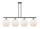 516-4I-BAB-G121-10RW 4-Light 48" Black Antique Brass Island Light - White Large Farmhouse Glass with White Rope Glass - LED Bulb - Dimmensions: 48 x 10 x 13<br>Minimum Height : 22.375<br>Maximum Height : 46.375 - Sloped Ceiling Compatible: Yes