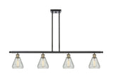 516-4I-BAB-G275 4-Light 48" Black Antique Brass Island Light - Clear Crackle Conesus Glass - LED Bulb - Dimmensions: 48 x 6 x 11<br>Minimum Height : 20.375<br>Maximum Height : 44.375 - Sloped Ceiling Compatible: Yes
