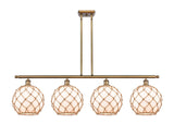 516-4I-BB-G121-10RB 4-Light 48" Brushed Brass Island Light - White Large Farmhouse Glass with Brown Rope Glass - LED Bulb - Dimmensions: 48 x 10 x 13<br>Minimum Height : 22.375<br>Maximum Height : 46.375 - Sloped Ceiling Compatible: Yes