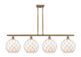 516-4I-BB-G121-10RW 4-Light 48" Brushed Brass Island Light - White Large Farmhouse Glass with White Rope Glass - LED Bulb - Dimmensions: 48 x 10 x 13<br>Minimum Height : 22.375<br>Maximum Height : 46.375 - Sloped Ceiling Compatible: Yes