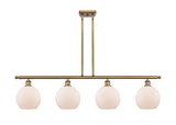 516-4I-BB-G121-8 4-Light 48" Brushed Brass Island Light - Cased Matte White Athens Glass - LED Bulb - Dimmensions: 48 x 8 x 10<br>Minimum Height : 20.375<br>Maximum Height : 44.375 - Sloped Ceiling Compatible: Yes