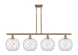 516-4I-BB-G122-10RW 4-Light 48" Brushed Brass Island Light - Clear Large Farmhouse Glass with White Rope Glass - LED Bulb - Dimmensions: 48 x 10 x 13<br>Minimum Height : 22.375<br>Maximum Height : 46.375 - Sloped Ceiling Compatible: Yes