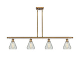 516-4I-BB-G275 4-Light 48" Brushed Brass Island Light - Clear Crackle Conesus Glass - LED Bulb - Dimmensions: 48 x 6 x 11<br>Minimum Height : 20.375<br>Maximum Height : 44.375 - Sloped Ceiling Compatible: Yes
