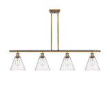 516-4I-BB-GBC-84 4-Light 48" Brushed Brass Island Light - Seedy Ballston Cone Glass - LED Bulb - Dimmensions: 48 x 8 x 11.25<br>Minimum Height : 20.25<br>Maximum Height : 44.25 - Sloped Ceiling Compatible: Yes