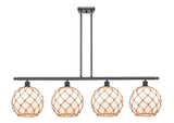 516-4I-BK-G121-10RB 4-Light 48" Matte Black Island Light - White Large Farmhouse Glass with Brown Rope Glass - LED Bulb - Dimmensions: 48 x 10 x 13<br>Minimum Height : 22.375<br>Maximum Height : 46.375 - Sloped Ceiling Compatible: Yes