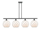 516-4I-BK-G121-10RW 4-Light 48" Matte Black Island Light - White Large Farmhouse Glass with White Rope Glass - LED Bulb - Dimmensions: 48 x 10 x 13<br>Minimum Height : 22.375<br>Maximum Height : 46.375 - Sloped Ceiling Compatible: Yes