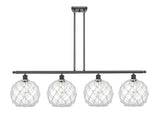 516-4I-BK-G122-10RW 4-Light 48" Matte Black Island Light - Clear Large Farmhouse Glass with White Rope Glass - LED Bulb - Dimmensions: 48 x 10 x 13<br>Minimum Height : 22.375<br>Maximum Height : 46.375 - Sloped Ceiling Compatible: Yes