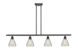 516-4I-BK-G275 4-Light 48" Matte Black Island Light - Clear Crackle Conesus Glass - LED Bulb - Dimmensions: 48 x 6 x 11<br>Minimum Height : 20.375<br>Maximum Height : 44.375 - Sloped Ceiling Compatible: Yes