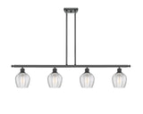 516-4I-BK-G462-6 4-Light 48" Matte Black Island Light - Clear Norfolk Glass - LED Bulb - Dimmensions: 48 x 5.75 x 10<br>Minimum Height : 20.375<br>Maximum Height : 44.375 - Sloped Ceiling Compatible: Yes