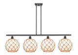 516-4I-OB-G121-10RB 4-Light 48" Oil Rubbed Bronze Island Light - White Large Farmhouse Glass with Brown Rope Glass - LED Bulb - Dimmensions: 48 x 10 x 13<br>Minimum Height : 22.375<br>Maximum Height : 46.375 - Sloped Ceiling Compatible: Yes