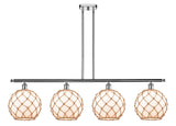 516-4I-PC-G121-10RB 4-Light 48" Polished Chrome Island Light - White Large Farmhouse Glass with Brown Rope Glass - LED Bulb - Dimmensions: 48 x 10 x 13<br>Minimum Height : 22.375<br>Maximum Height : 46.375 - Sloped Ceiling Compatible: Yes