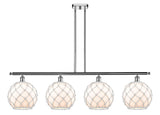 516-4I-PC-G121-10RW 4-Light 48" Polished Chrome Island Light - White Large Farmhouse Glass with White Rope Glass - LED Bulb - Dimmensions: 48 x 10 x 13<br>Minimum Height : 22.375<br>Maximum Height : 46.375 - Sloped Ceiling Compatible: Yes