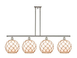 516-4I-PN-G121-10RB 4-Light 48" Polished Nickel Island Light - White Large Farmhouse Glass with Brown Rope Glass - LED Bulb - Dimmensions: 48 x 10 x 13<br>Minimum Height : 22.375<br>Maximum Height : 46.375 - Sloped Ceiling Compatible: Yes