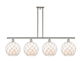 516-4I-PN-G121-10RW 4-Light 48" Polished Nickel Island Light - White Large Farmhouse Glass with White Rope Glass - LED Bulb - Dimmensions: 48 x 10 x 13<br>Minimum Height : 22.375<br>Maximum Height : 46.375 - Sloped Ceiling Compatible: Yes