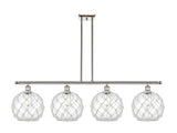 516-4I-PN-G122-10RW 4-Light 48" Polished Nickel Island Light - Clear Large Farmhouse Glass with White Rope Glass - LED Bulb - Dimmensions: 48 x 10 x 13<br>Minimum Height : 22.375<br>Maximum Height : 46.375 - Sloped Ceiling Compatible: Yes
