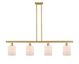 516-4I-SG-G111 4-Light 48" Satin Gold Island Light - Matte White Cobbleskill Glass - LED Bulb - Dimmensions: 48 x 5 x 10<br>Minimum Height : 19.375<br>Maximum Height : 43.375 - Sloped Ceiling Compatible: Yes