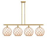 516-4I-SG-G121-10RB 4-Light 48" Satin Gold Island Light - White Large Farmhouse Glass with Brown Rope Glass - LED Bulb - Dimmensions: 48 x 10 x 13<br>Minimum Height : 22.375<br>Maximum Height : 46.375 - Sloped Ceiling Compatible: Yes