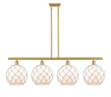 516-4I-SG-G121-10RW 4-Light 48" Satin Gold Island Light - White Large Farmhouse Glass with White Rope Glass - LED Bulb - Dimmensions: 48 x 10 x 13<br>Minimum Height : 22.375<br>Maximum Height : 46.375 - Sloped Ceiling Compatible: Yes