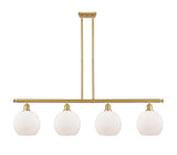 516-4I-SG-G121-8 4-Light 48" Satin Gold Island Light - Cased Matte White Athens Glass - LED Bulb - Dimmensions: 48 x 8 x 10<br>Minimum Height : 20.375<br>Maximum Height : 44.375 - Sloped Ceiling Compatible: Yes