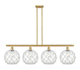 516-4I-SG-G122-10RW 4-Light 48" Satin Gold Island Light - Clear Large Farmhouse Glass with White Rope Glass - LED Bulb - Dimmensions: 48 x 10 x 13<br>Minimum Height : 22.375<br>Maximum Height : 46.375 - Sloped Ceiling Compatible: Yes