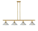 516-4I-SG-G132 4-Light 48" Satin Gold Island Light - Clear Orwell Glass - LED Bulb - Dimmensions: 48 x 9 x 9<br>Minimum Height : 17.375<br>Maximum Height : 41.375 - Sloped Ceiling Compatible: Yes