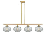 516-4I-SG-G247 4-Light 48" Satin Gold Island Light - Charcoal Gorham Glass - LED Bulb - Dimmensions: 48 x 9.5 x 10<br>Minimum Height : 20.375<br>Maximum Height : 44.375 - Sloped Ceiling Compatible: Yes