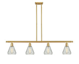 516-4I-SG-G275 4-Light 48" Satin Gold Island Light - Clear Crackle Conesus Glass - LED Bulb - Dimmensions: 48 x 6 x 11<br>Minimum Height : 20.375<br>Maximum Height : 44.375 - Sloped Ceiling Compatible: Yes