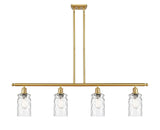516-4I-SG-G352 4-Light 48" Satin Gold Island Light - Clear Waterglass Candor Glass - LED Bulb - Dimmensions: 48 x 5.5 x 10<br>Minimum Height : 20.375<br>Maximum Height : 44.375 - Sloped Ceiling Compatible: Yes