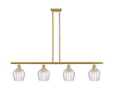 516-4I-SG-G462-6 4-Light 48" Satin Gold Island Light - Clear Norfolk Glass - LED Bulb - Dimmensions: 48 x 5.75 x 10<br>Minimum Height : 20.375<br>Maximum Height : 44.375 - Sloped Ceiling Compatible: Yes