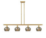 516-4I-SG-G96 4-Light 48" Satin Gold Island Light - Mercury Fenton Glass - LED Bulb - Dimmensions: 48 x 6.5 x 10<br>Minimum Height : 17.875<br>Maximum Height : 41.875 - Sloped Ceiling Compatible: Yes