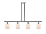 516-4I-SN-G111 4-Light 48" Brushed Satin Nickel Island Light - Matte White Cobbleskill Glass - LED Bulb - Dimmensions: 48 x 5 x 10<br>Minimum Height : 19.375<br>Maximum Height : 43.375 - Sloped Ceiling Compatible: Yes