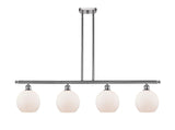 516-4I-SN-G121-8 4-Light 48" Brushed Satin Nickel Island Light - Cased Matte White Athens Glass - LED Bulb - Dimmensions: 48 x 8 x 10<br>Minimum Height : 20.375<br>Maximum Height : 44.375 - Sloped Ceiling Compatible: Yes