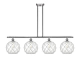 516-4I-SN-G122-10RW 4-Light 48" Brushed Satin Nickel Island Light - Clear Large Farmhouse Glass with White Rope Glass - LED Bulb - Dimmensions: 48 x 10 x 13<br>Minimum Height : 22.375<br>Maximum Height : 46.375 - Sloped Ceiling Compatible: Yes