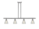 516-4I-SN-G275 4-Light 48" Brushed Satin Nickel Island Light - Clear Crackle Conesus Glass - LED Bulb - Dimmensions: 48 x 6 x 11<br>Minimum Height : 20.375<br>Maximum Height : 44.375 - Sloped Ceiling Compatible: Yes