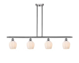 516-4I-SN-G461-6 4-Light 48" Brushed Satin Nickel Island Light - Cased Matte White Norfolk Glass - LED Bulb - Dimmensions: 48 x 5.75 x 10<br>Minimum Height : 20.375<br>Maximum Height : 44.375 - Sloped Ceiling Compatible: Yes