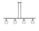516-4I-SN-G462-6 4-Light 48" Brushed Satin Nickel Island Light - Clear Norfolk Glass - LED Bulb - Dimmensions: 48 x 5.75 x 10<br>Minimum Height : 20.375<br>Maximum Height : 44.375 - Sloped Ceiling Compatible: Yes