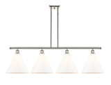 516-4I-SN-GBC-121 4-Light 50.25" Brushed Satin Nickel Island Light - Matte White Cased Ballston Cone Glass - LED Bulb - Dimmensions: 50.25 x 12 x 14.25<br>Minimum Height : 23.25<br>Maximum Height : 47.25 - Sloped Ceiling Compatible: Yes
