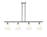 516-4I-SN-GBC-81 4-Light 48" Brushed Satin Nickel Island Light - Matte White Cased Ballston Cone Glass - LED Bulb - Dimmensions: 48 x 8 x 11.25<br>Minimum Height : 20.25<br>Maximum Height : 44.25 - Sloped Ceiling Compatible: Yes
