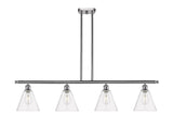 516-4I-SN-GBC-82 4-Light 48" Brushed Satin Nickel Island Light - Clear Ballston Cone Glass - LED Bulb - Dimmensions: 48 x 8 x 11.25<br>Minimum Height : 20.25<br>Maximum Height : 44.25 - Sloped Ceiling Compatible: Yes