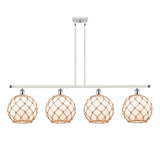 516-4I-WPC-G121-10RB 4-Light 48" White and Polished Chrome Island Light - White Large Farmhouse Glass with Brown Rope Glass - LED Bulb - Dimmensions: 48 x 10 x 13<br>Minimum Height : 22.375<br>Maximum Height : 46.375 - Sloped Ceiling Compatible: Yes